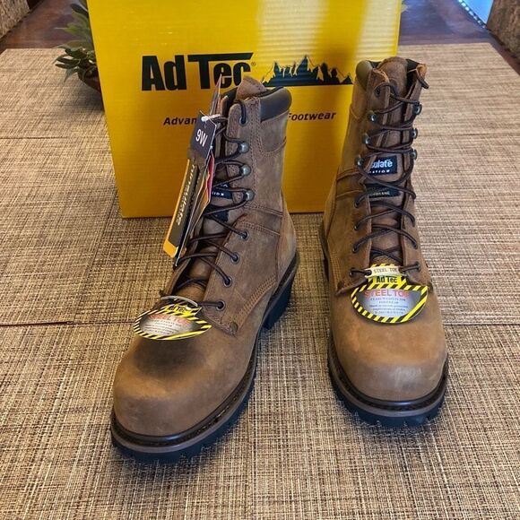 AdTec 9” Super Logger Steel Toe Crazy Horse Brown Leather Work Boots Men Size 9W - Picture 1 of 16